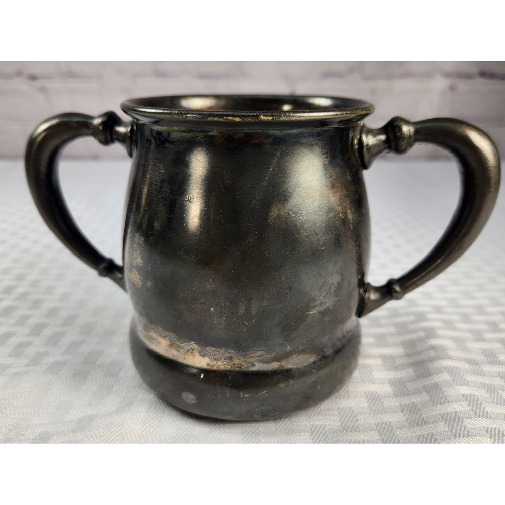 Vintage Silver Plate Sugar Bowl Double Handled Mug Cup Dark Tarnish Patina Decor